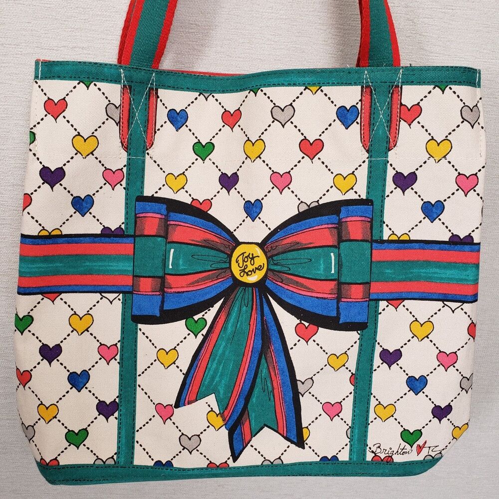 Brighton Tote Bag Colorful Heart Bow Graphic Print Large Canvas Shoulder Purse - Picture 2 of 16